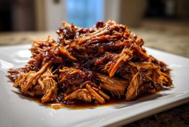 A close-up of tender, saucy Slow cooker pulled pork piled high on a white square plate.