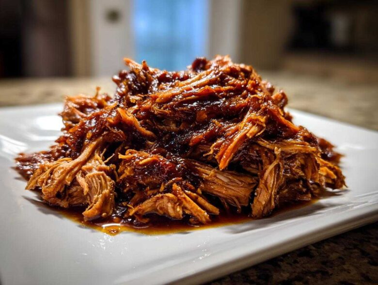 A close-up of tender, saucy Slow cooker pulled pork piled high on a white square plate.