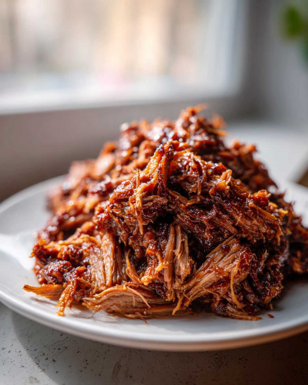 A close-up of a generous pile of saucy, shredded Slow cooker pulled pork resting on a white plate.