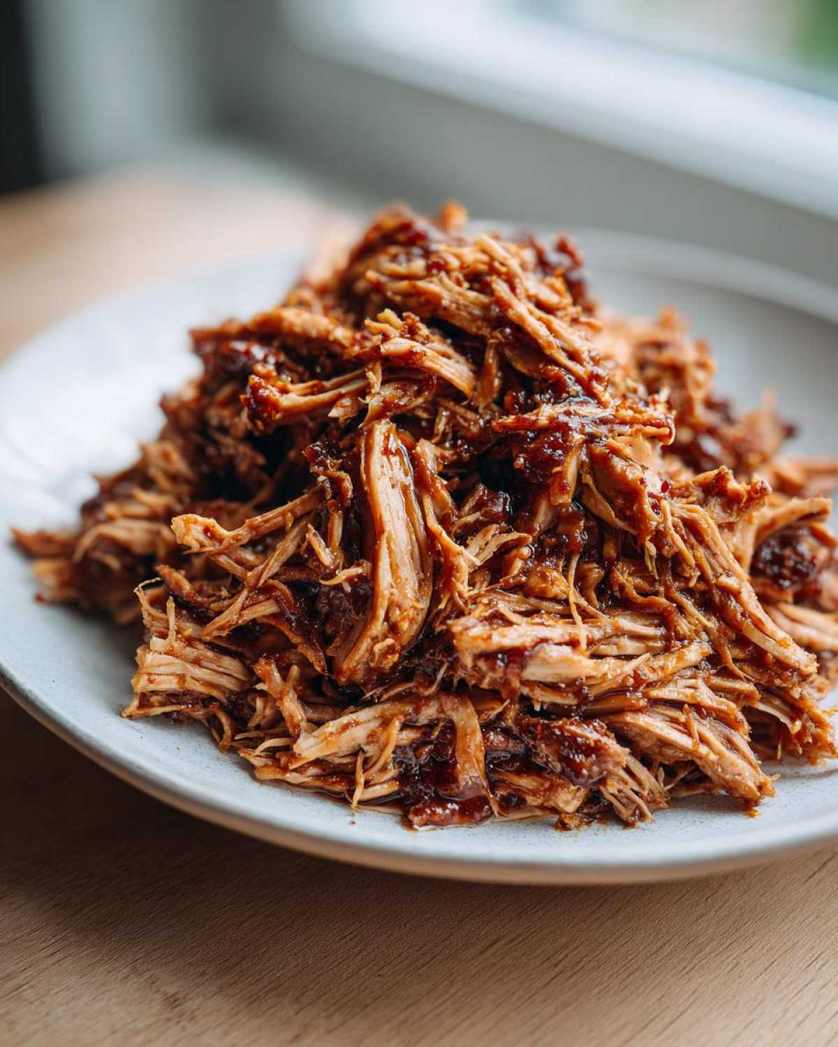 A close-up of moist, shredded Slow cooker pulled pork coated in rich barbecue sauce piled high on a light blue plate.