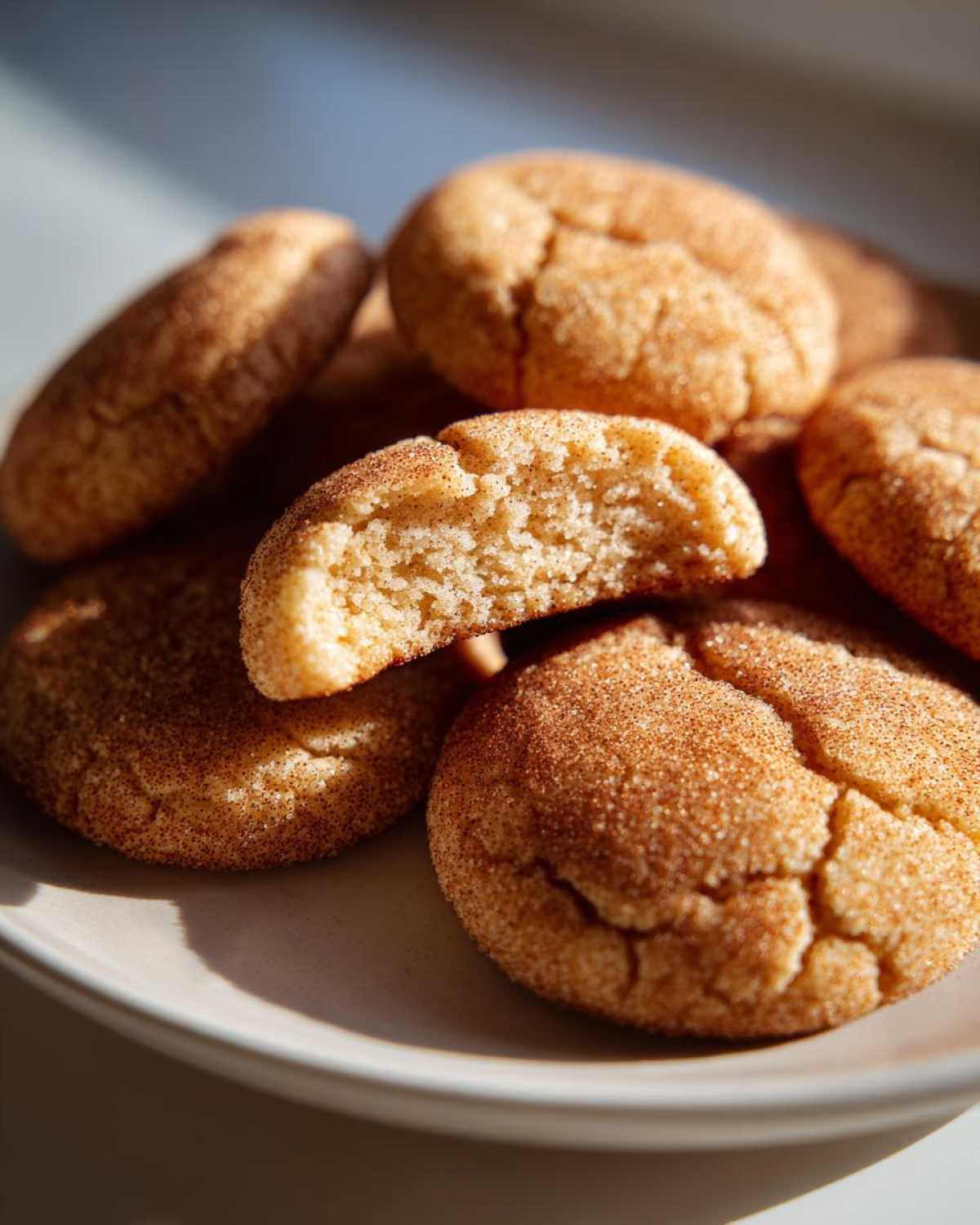 Close-up of soft chewy snickerdoodles piled on a plate, one broken open showing the soft interior.