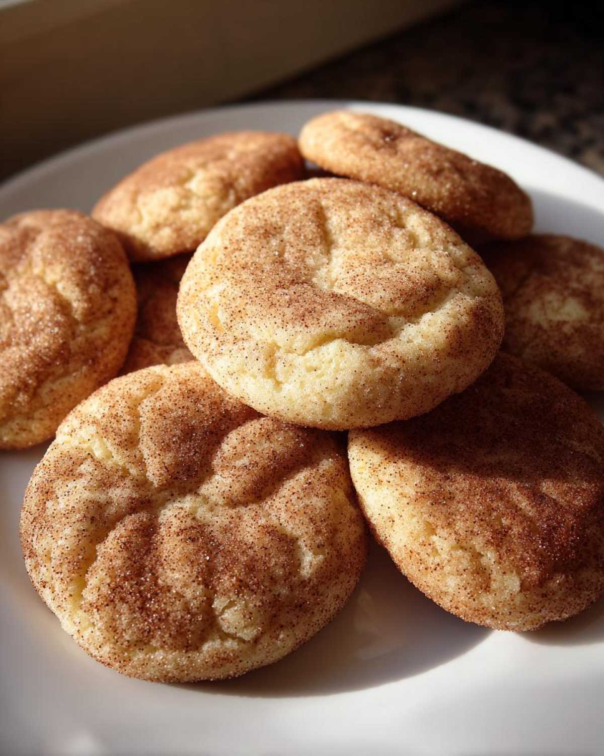 A pile of soft, chewy snickerdoodles generously coated in cinnamon sugar, resting on a white plate.