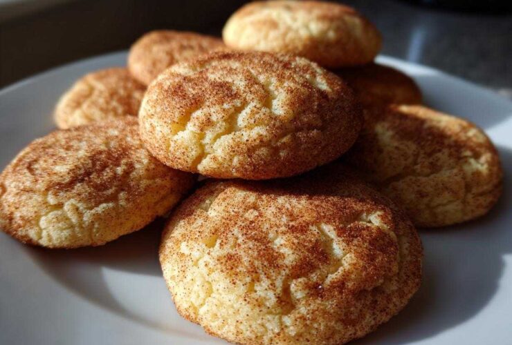 A stack of soft, chewy snickerdoodles cookies generously coated in cinnamon sugar on a white plate.