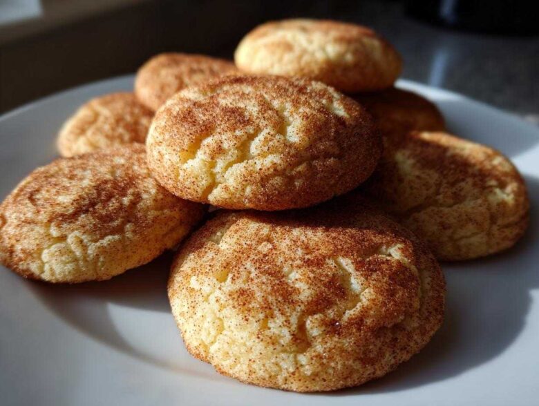 A stack of soft, chewy snickerdoodles cookies generously coated in cinnamon sugar on a white plate.