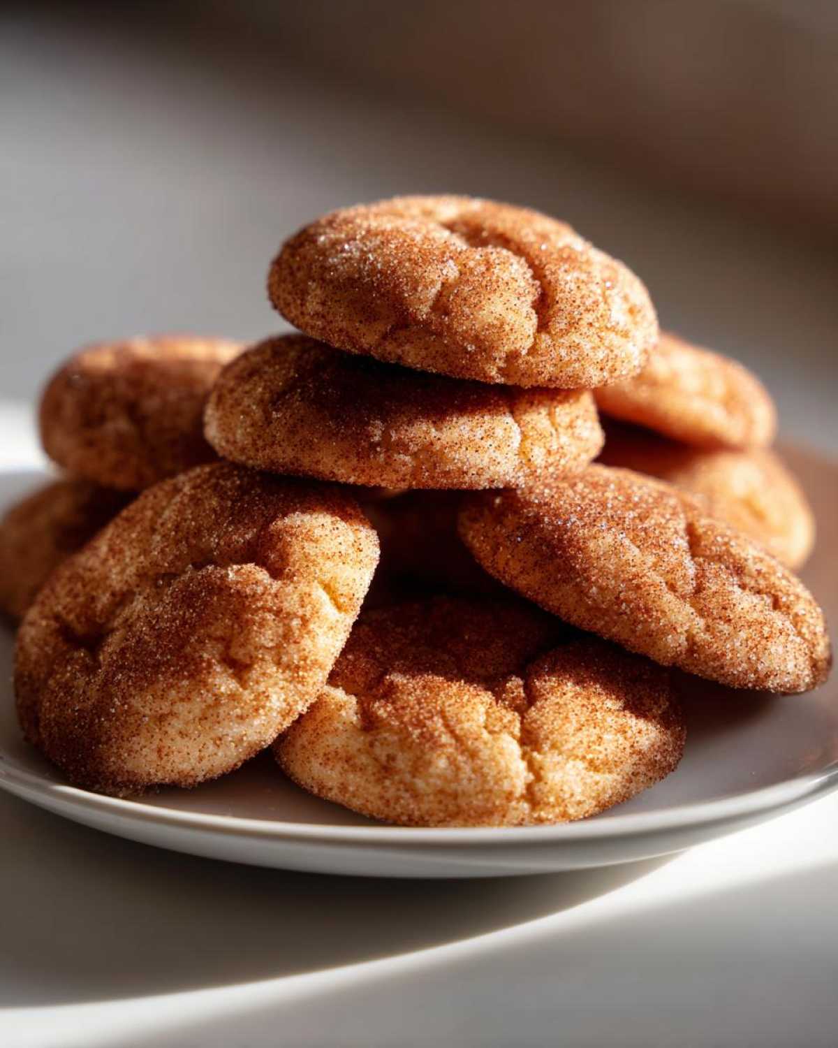 A close-up stack of soft, chewy snickerdoodles generously coated in cinnamon sugar, sitting on a white plate.