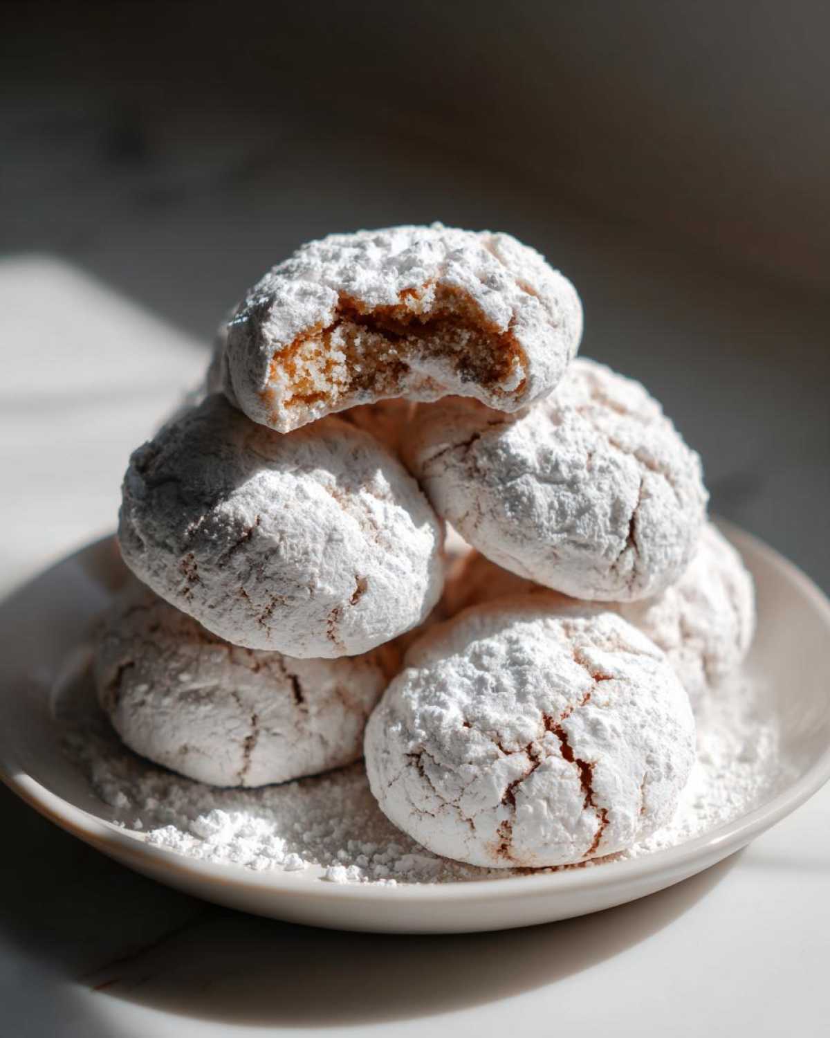 A stack of soft, powdered sugar-dusted cool whip cookies on a white plate, one cookie has a bite taken out.