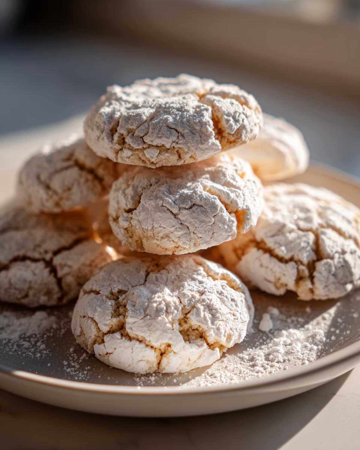 A stack of soft, crackled cool whip cookies generously dusted with white powdered sugar on a plate.