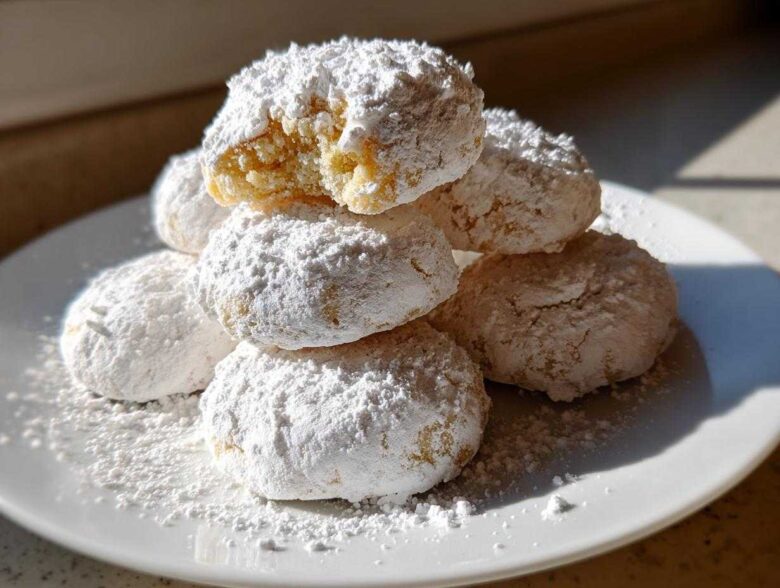 A stack of soft, powdered sugar-dusted cool whip cookies on a white plate, one cookie is broken open.