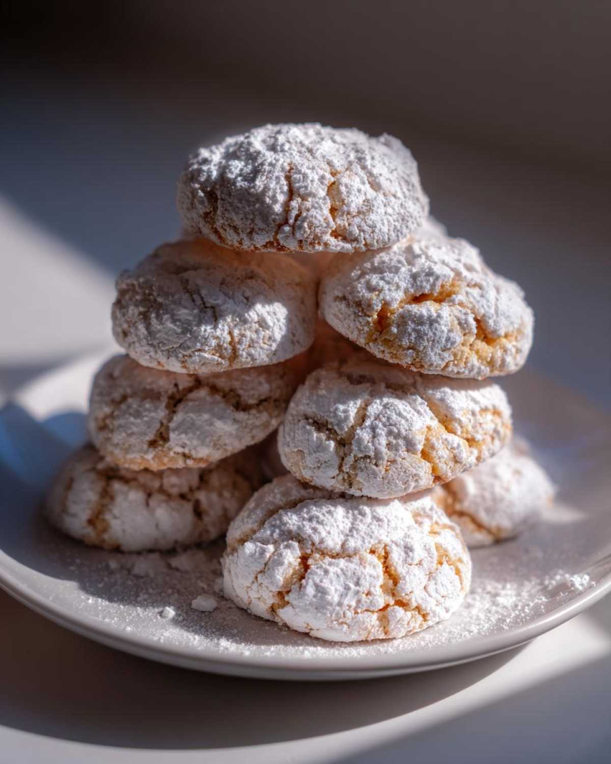 A stack of soft, crinkle-top cool whip cookies heavily dusted with white powdered sugar on a light plate.