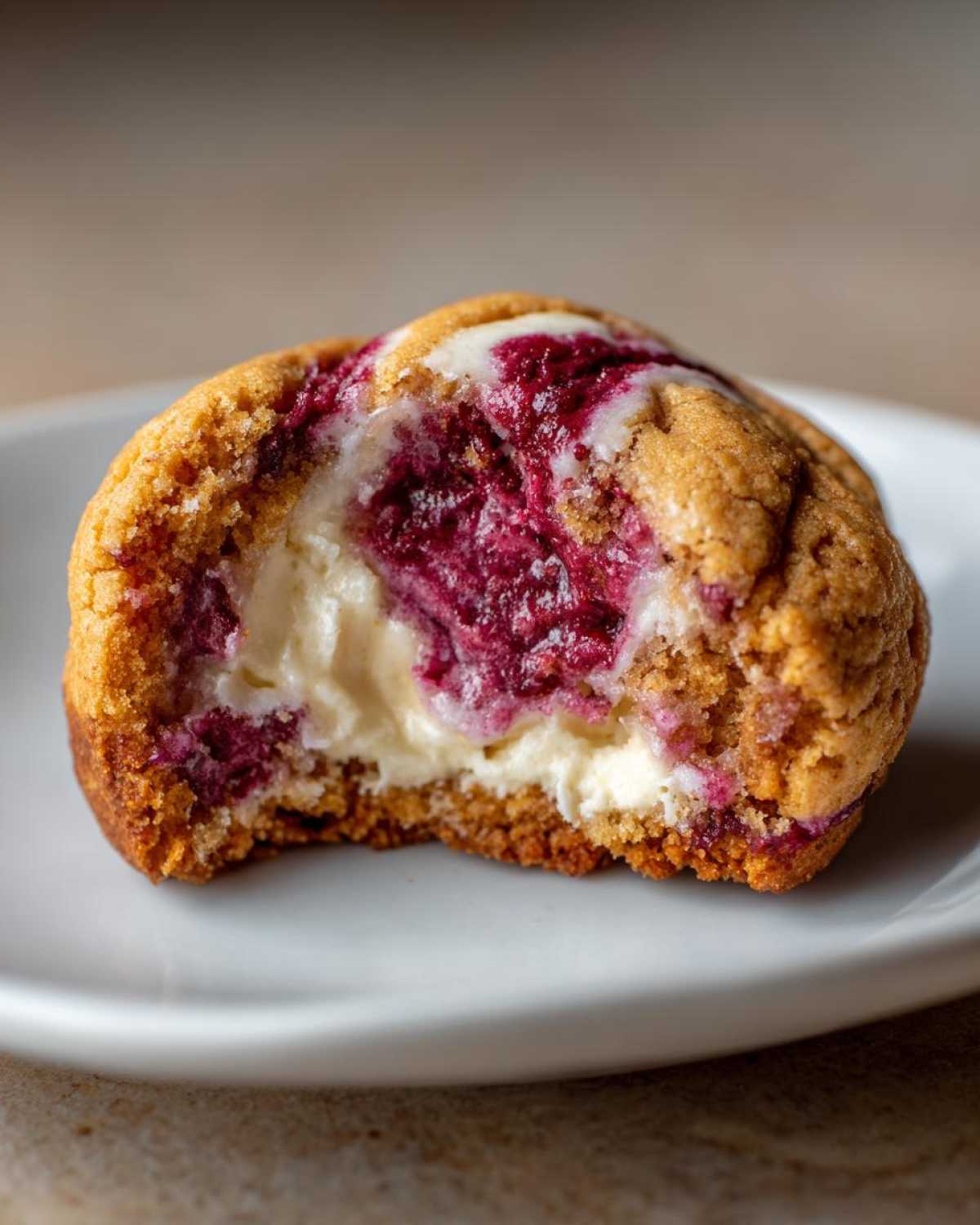 Close-up of a soft raspberry cheesecake cookies with a bite taken out, showing creamy filling and bright raspberry swirl.
