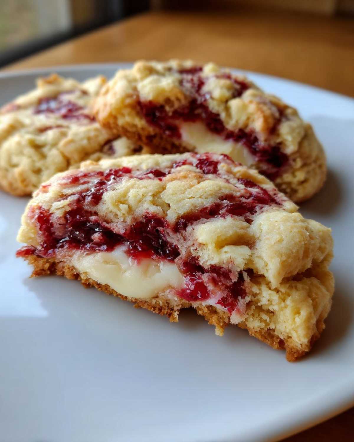 Close-up of a soft raspberry cheesecake cookies cut in half showing creamy filling and raspberry swirl.