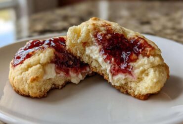 Close-up of a soft raspberry cheesecake cookie cut in half, showing creamy filling and bright raspberry jam.
