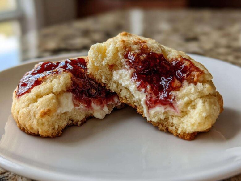 Close-up of a soft raspberry cheesecake cookie cut in half, showing creamy filling and bright raspberry jam.