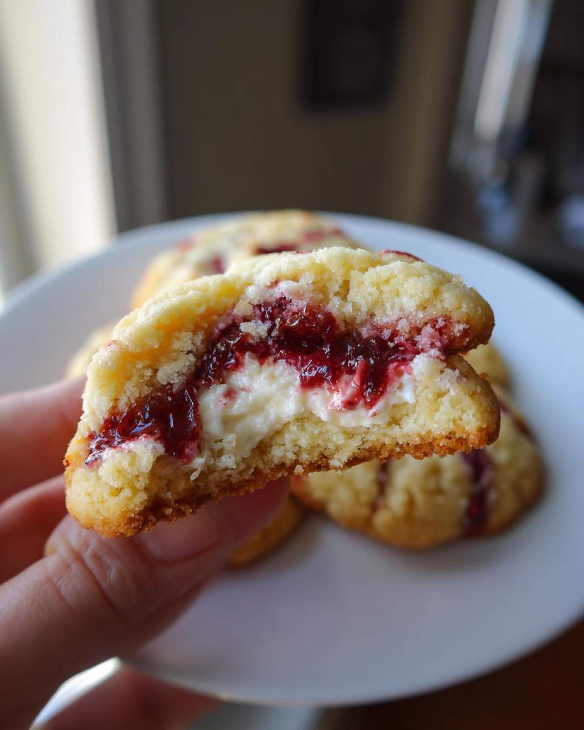 Close-up of a soft raspberry cheesecake cookies half showing the creamy white filling and vibrant red raspberry jam center.