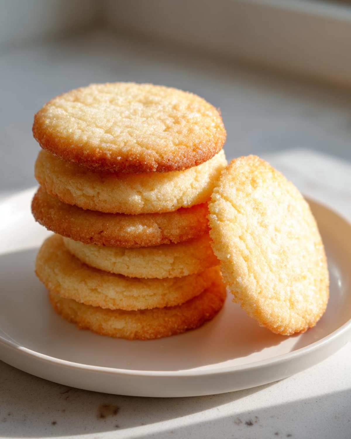 A stack of five soft sugar cookies, with one leaning against the side, showing their lightly browned edges.