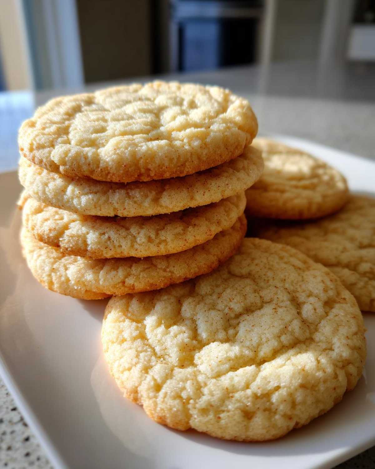 A stack of soft sugar cookies showing their signature crinkled tops, lightly dusted with cinnamon sugar.