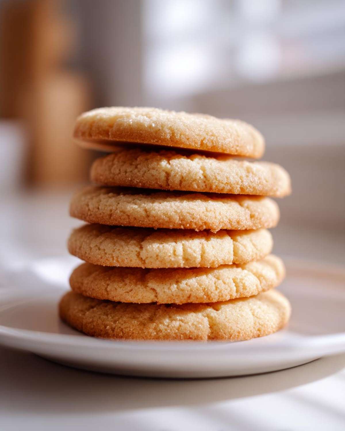A close-up stack of five soft sugar cookies, lightly golden and sprinkled with sugar.