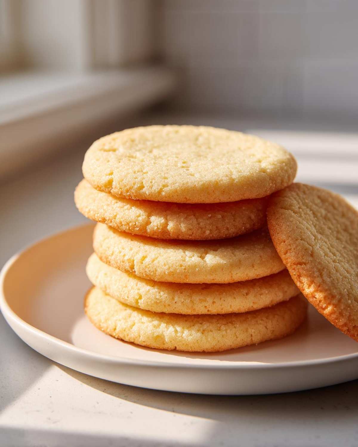 A stack of five golden brown, soft sugar cookies resting on a pale plate near a window.