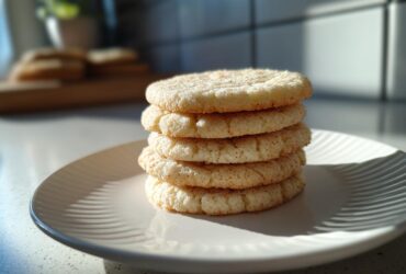 A stack of five soft sugar cookies coated in cinnamon sugar, resting on a white plate.