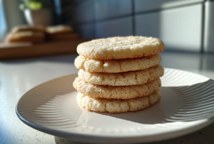 A stack of five soft sugar cookies coated in cinnamon sugar, resting on a white plate.