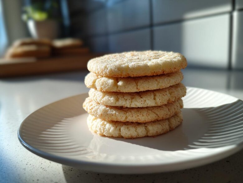 A stack of five soft sugar cookies coated in cinnamon sugar, resting on a white plate.