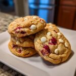 A stack of soft white chocolate raspberry cookies featuring visible white chocolate chips and bright red raspberry pieces.