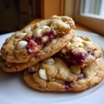 A stack of soft white chocolate raspberry cookies, one broken open showing the gooey raspberry filling.