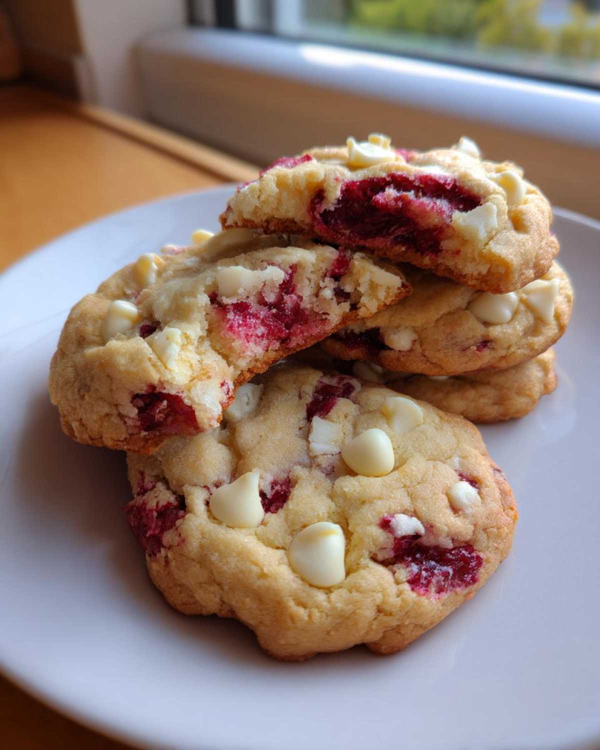 A stack of soft white chocolate raspberry cookies, one broken open to show the gooey raspberry center.