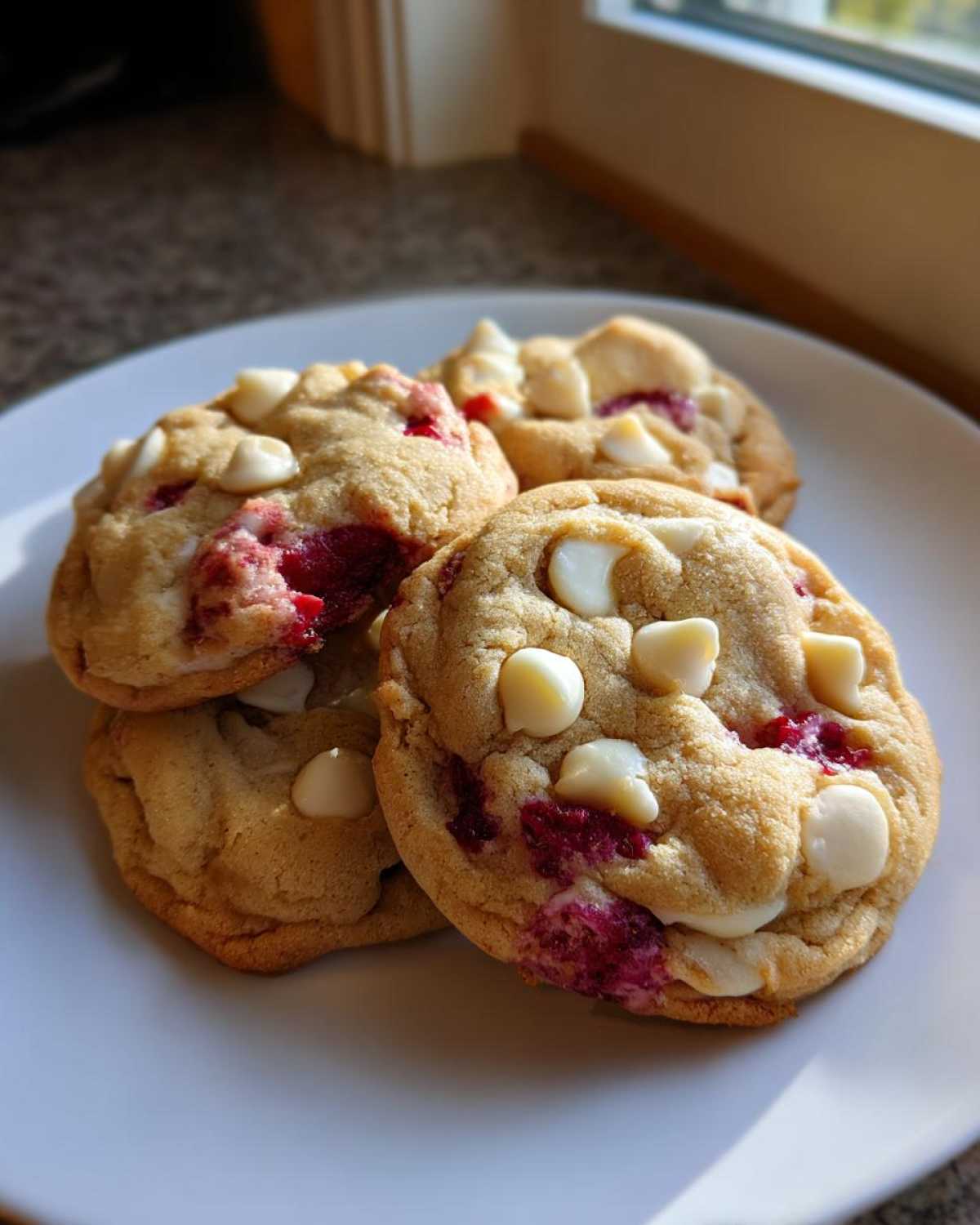 Four soft white chocolate raspberry cookies piled on a white plate, showing melted white chocolate chips and bright red raspberry swirls.