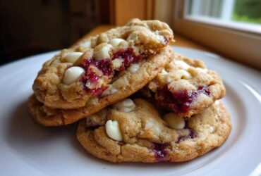A stack of soft white chocolate raspberry cookies, one broken open showing the gooey raspberry filling.