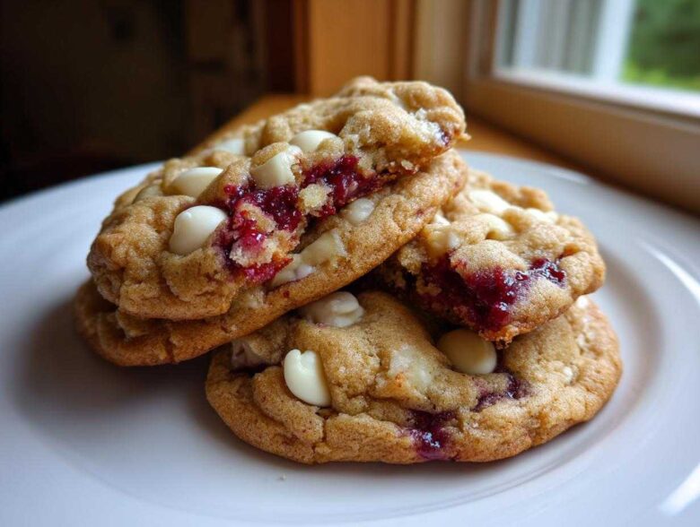 A stack of soft white chocolate raspberry cookies, one broken open showing the gooey raspberry filling.