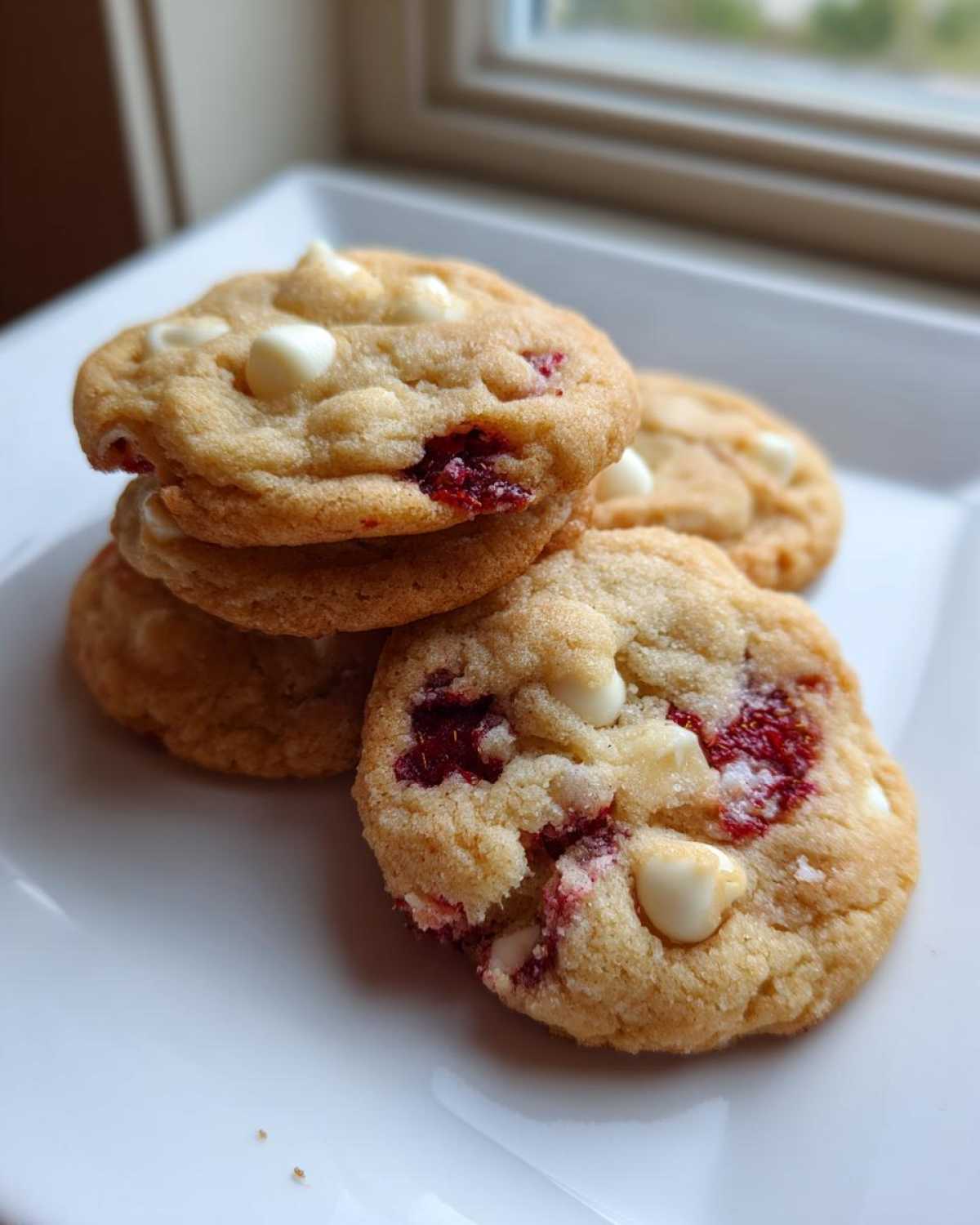A stack of soft white chocolate raspberry cookies featuring visible white chips and bright red raspberry pieces.