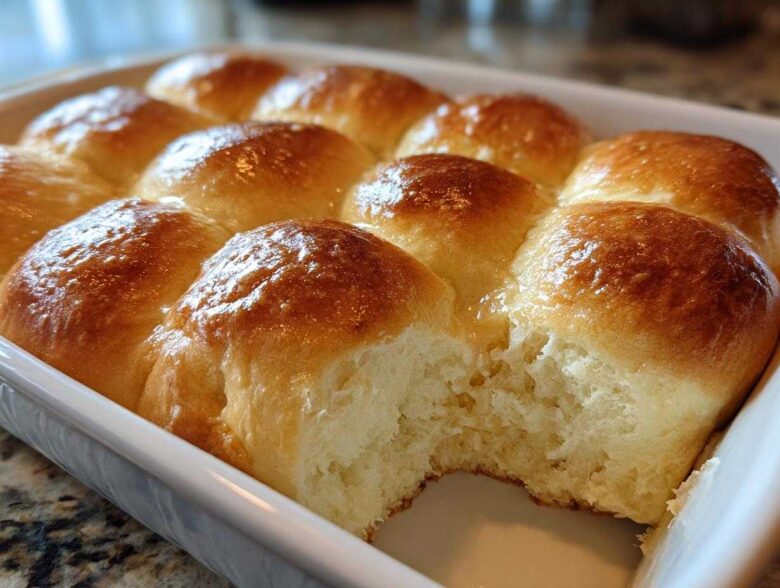 A close-up of golden brown, glossy sourdough discard rolls baked together in a white rectangular dish, with one roll pulled apart showing the soft interior.