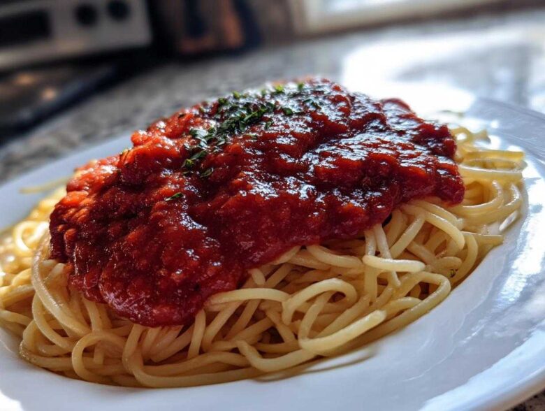 Close-up of spaghetti topped generously with thick, rich tomato sauce and garnished with herbs.