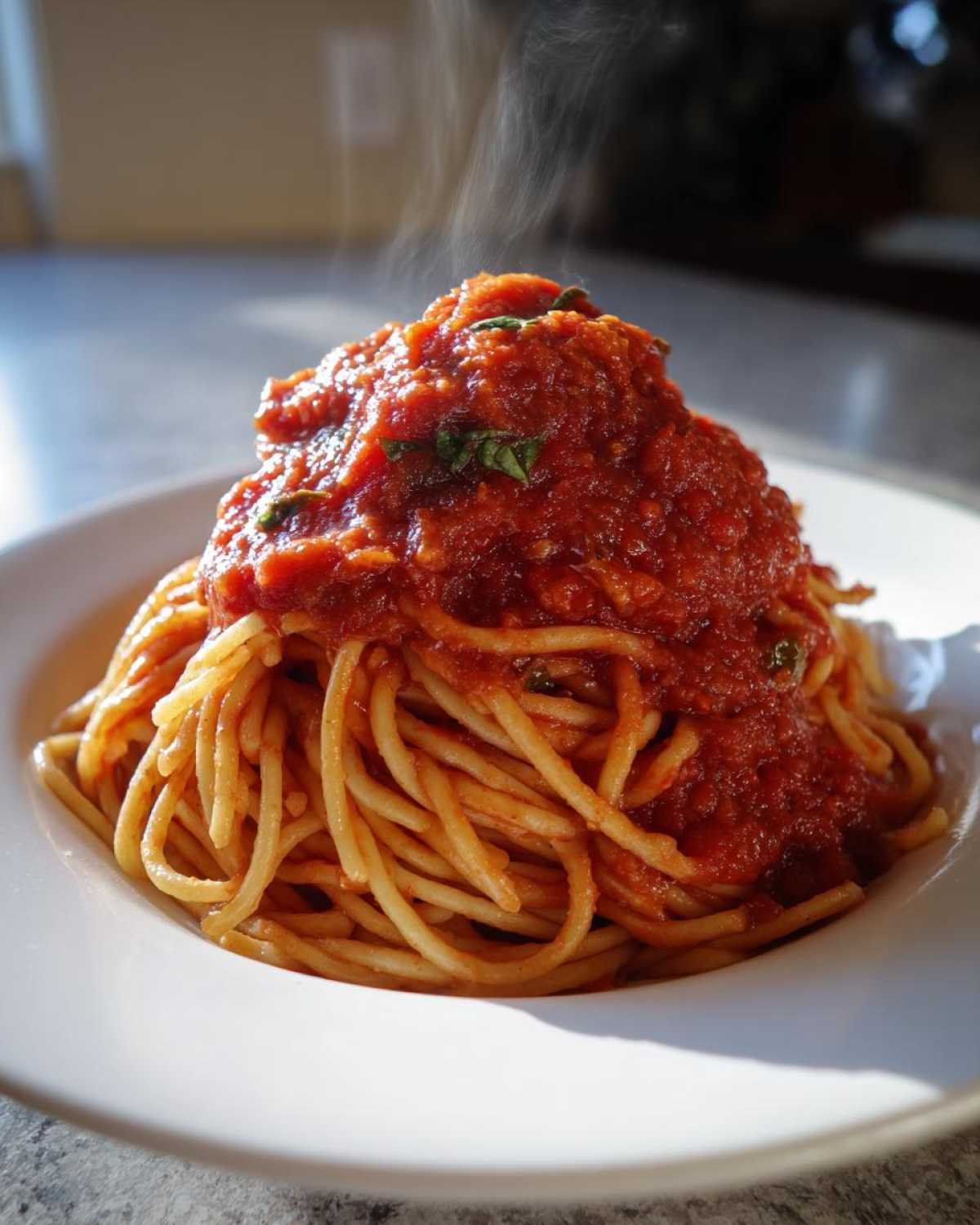 A close-up of hot spaghetti topped generously with rich, chunky tomato sauce and basil.