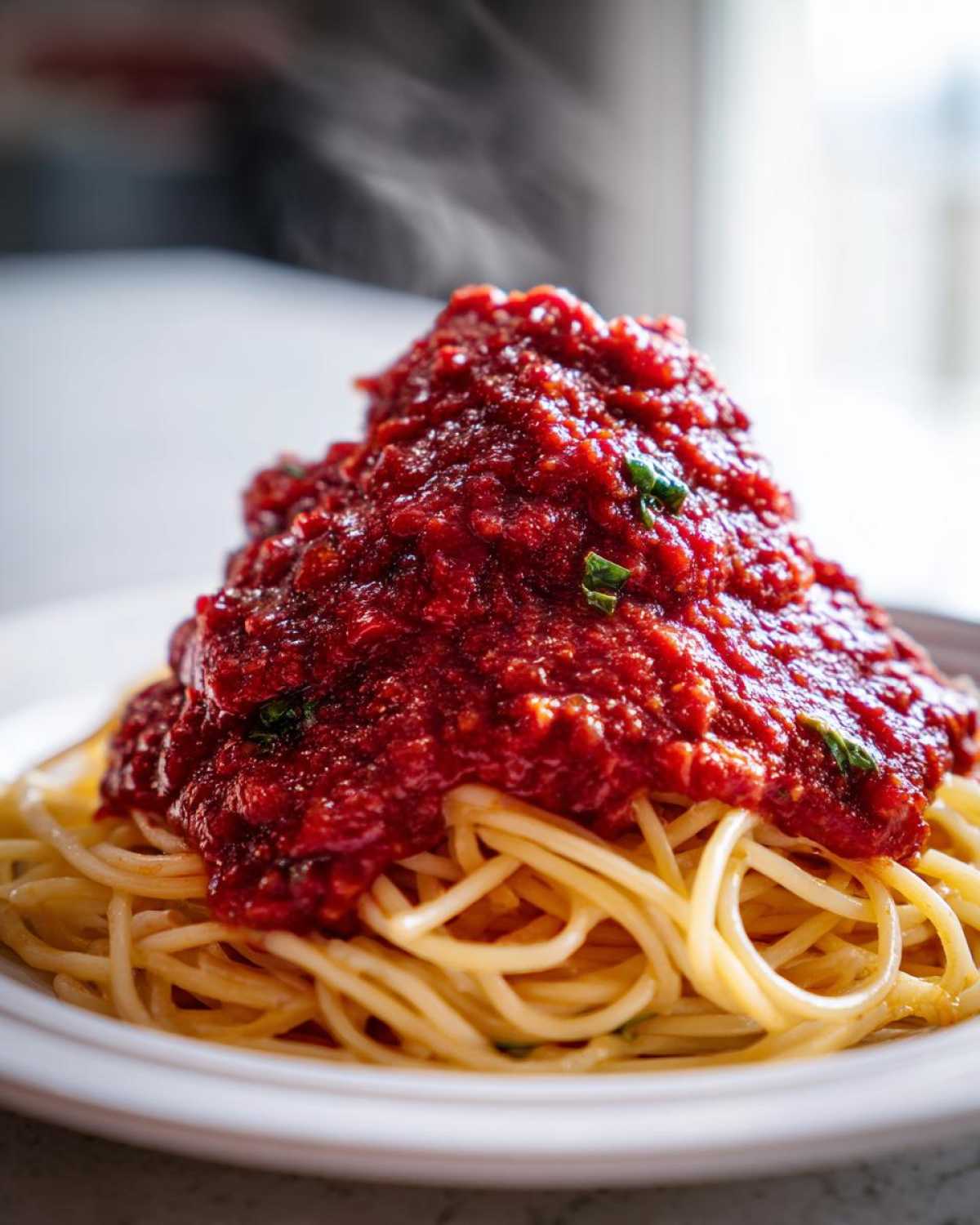 A mound of spaghetti topped generously with thick, vibrant red tomato sauce, steaming slightly.