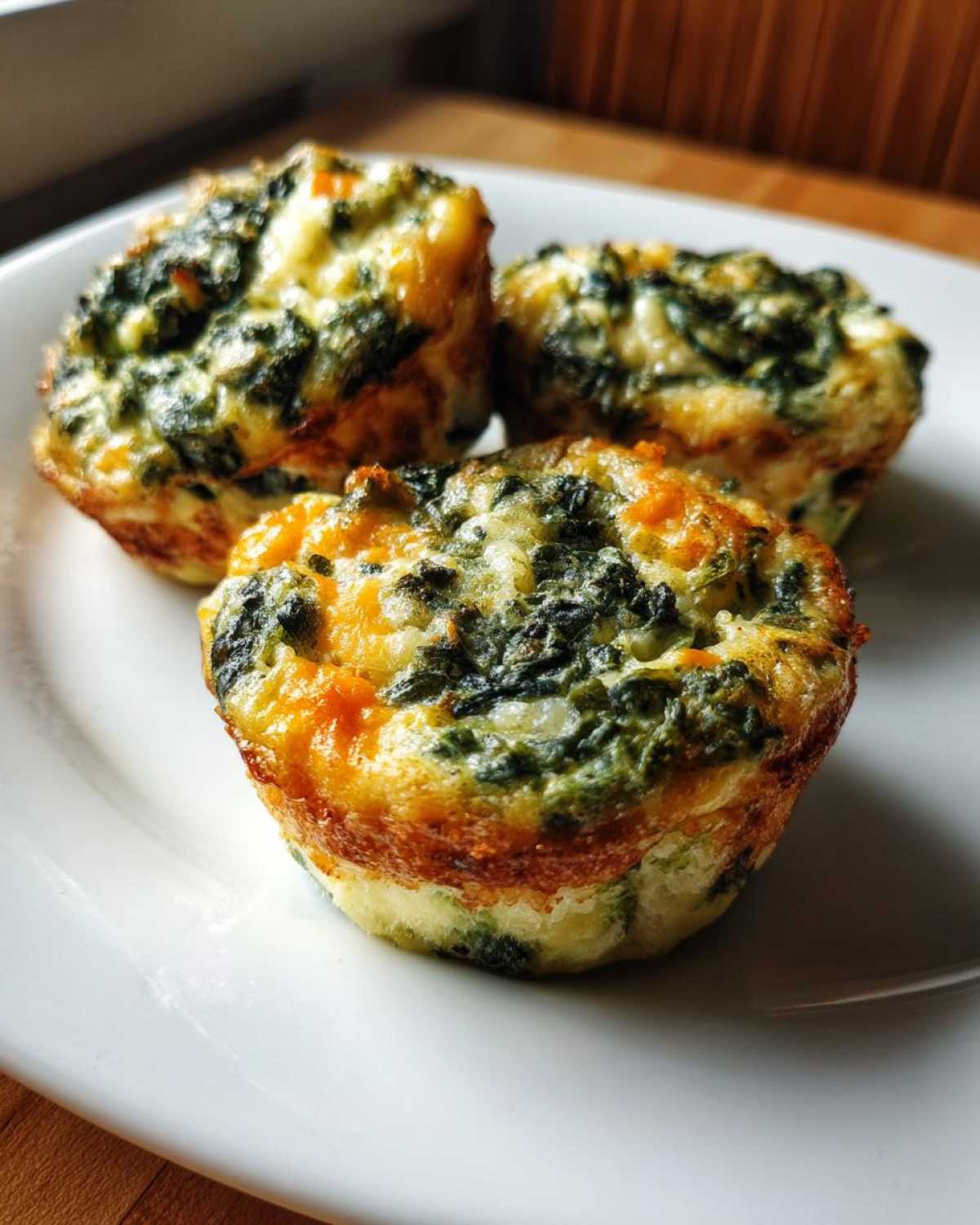 Three golden-brown spinach and cheese egg muffins sitting on a white plate, ready to eat.