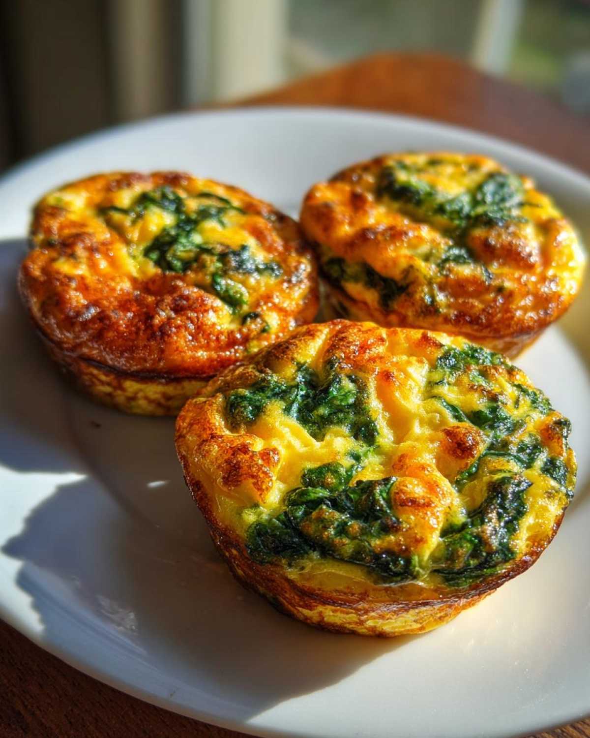 Three golden brown spinach egg muffins sitting on a white plate, perfectly baked.