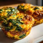 Four golden brown spinach egg muffins sitting on a white plate, highlighting the baked egg texture.