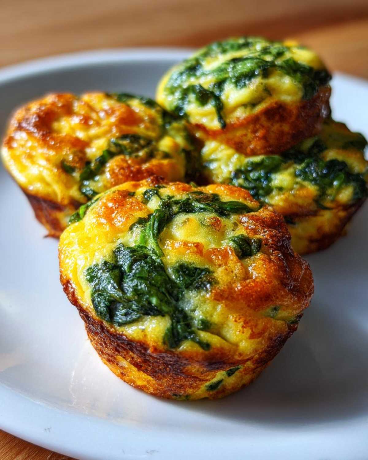 Close-up of golden brown spinach egg muffins stacked on a white plate, highlighting the baked egg texture.