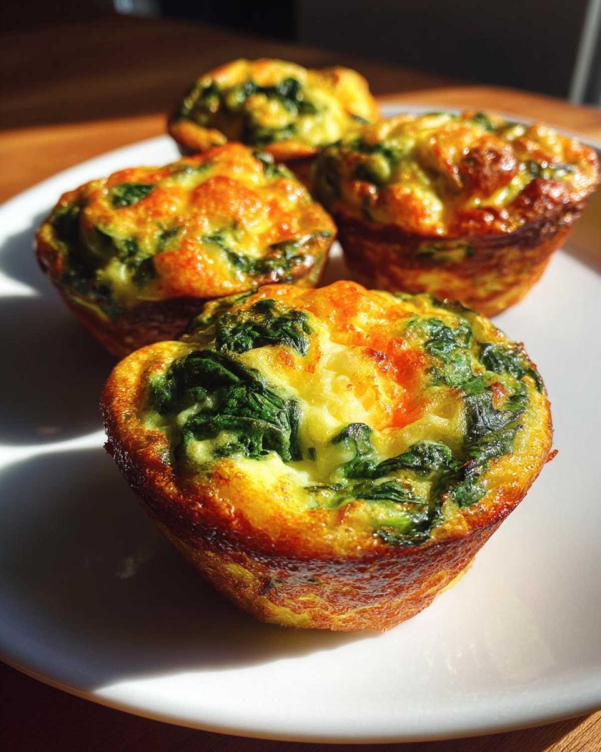 Four golden brown spinach egg muffins served on a white plate, highlighting the baked egg texture.