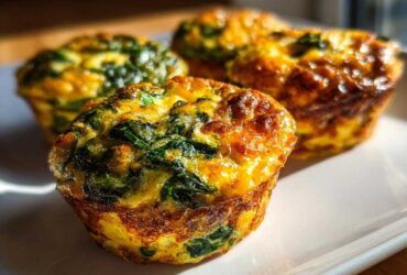 Four golden brown spinach egg muffins sitting on a white plate, highlighting the baked egg texture.