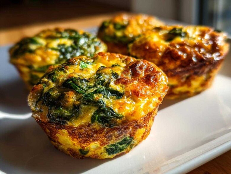Four golden brown spinach egg muffins sitting on a white plate, highlighting the baked egg texture.