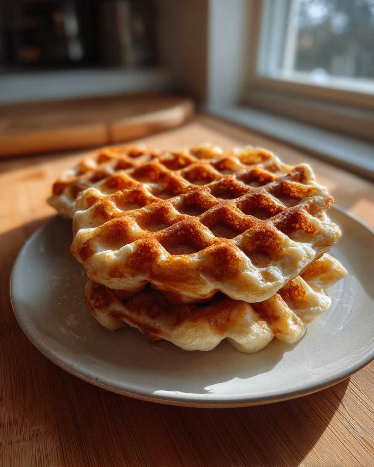 A stack of two golden brown, freshly made high protein waffles sitting on a light ceramic plate.
