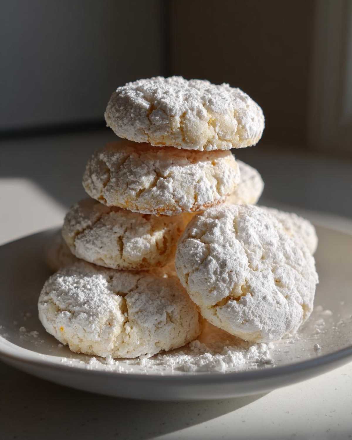 A stack of soft, powdered sugar-dusted cool whip cookies piled on a white plate.