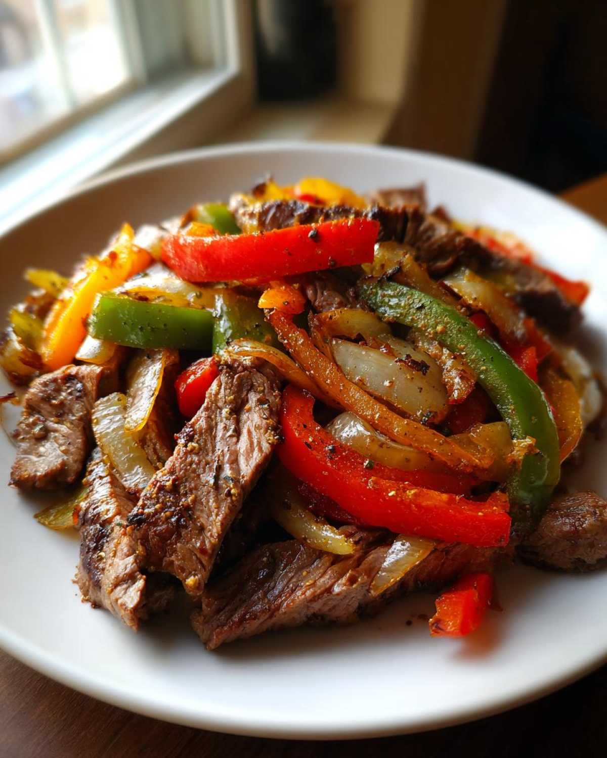 A close-up shot of perfectly cooked steak fajitas featuring sliced steak, red, green, and yellow bell peppers, and caramelized onions on a white plate.