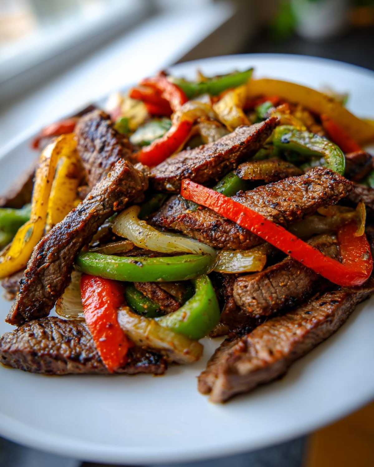 A close-up shot of seasoned steak fajitas strips mixed with sautéed red, green, and yellow bell peppers and onions on a white plate.