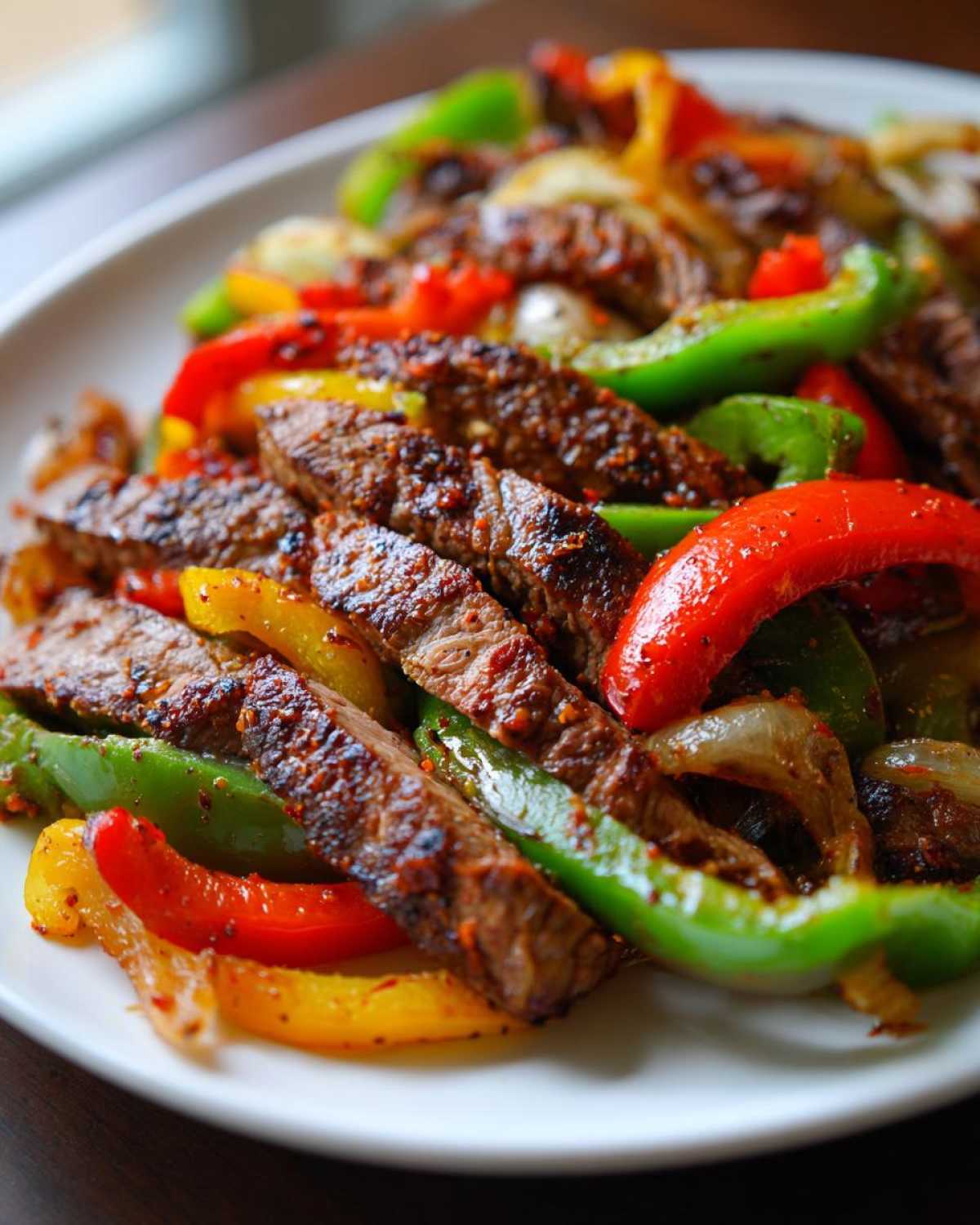 Close-up of seasoned, sliced steak mixed with vibrant red, yellow, and green bell peppers and onions for steak fajitas.