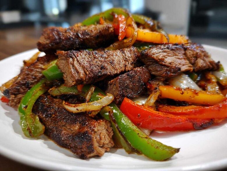 Close-up of seasoned, sliced steak mixed with colorful sautéed peppers and onions for steak fajitas.
