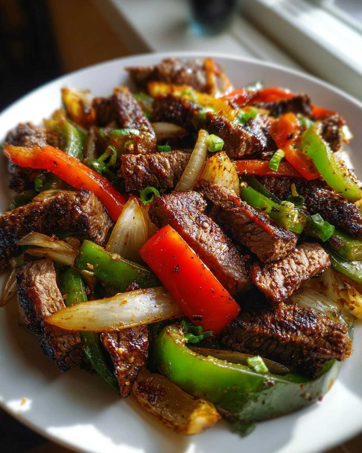 Close-up of seasoned, sliced steak mixed with sautéed green peppers, red peppers, and onions for steak fajitas.